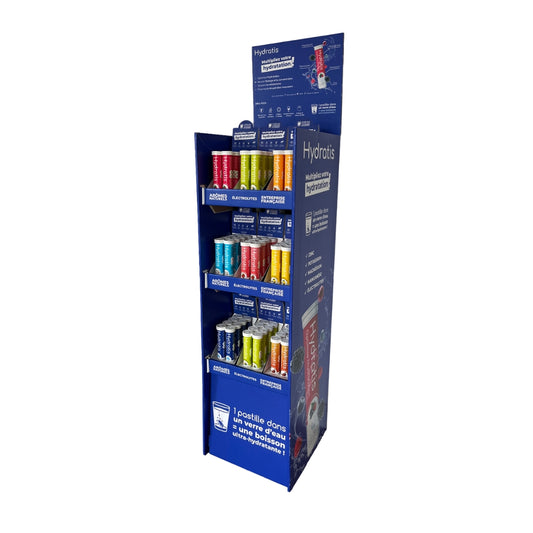 Présentoir de sol Hydratis + 12 packs de 8 tubes panachés